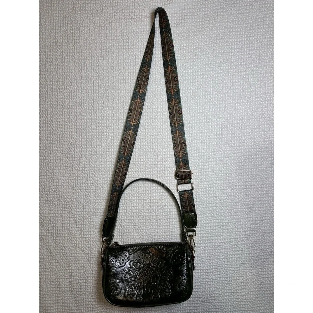 Green Embossed Floral Crossbody Shoulder Bag Removable Strap Boho Western Purse